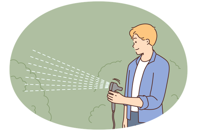 Young man watering bushes with hose  Illustration