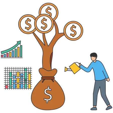 Young man watering dollar plant for Business Gain  Illustration