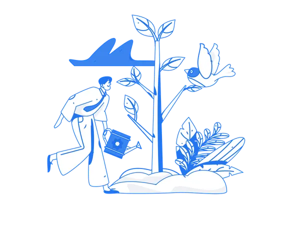 Young Man watering plant  イラスト