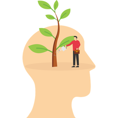 Young man watering plant seeds growing from head brain  Illustration