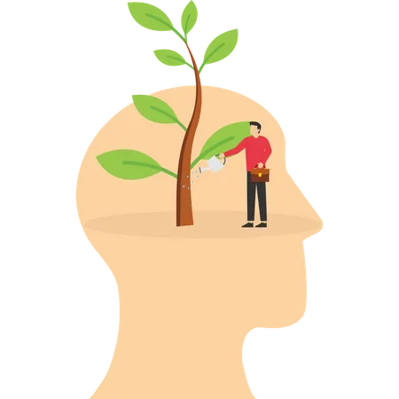 Growth Mindset Training To Believe In Success Motivation Or Coaching Growing Attitude Concept Personal Development Or Improvement Man Watering Plant Seeds Growing From Head Brain 일러스트레이션