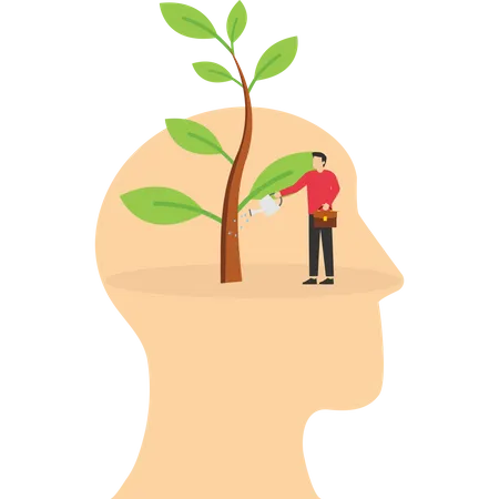 Young man watering plant seeds growing from head brain  Illustration