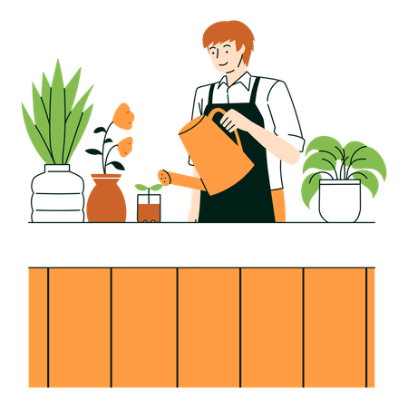 Young Man Watering Plants Eco Lifestyle  Illustration