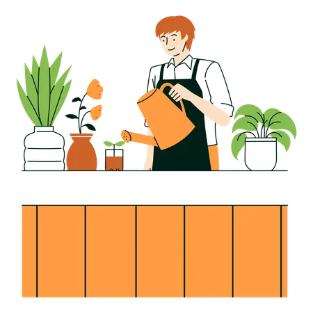 Young Man Watering Plants Eco Lifestyle  Illustration