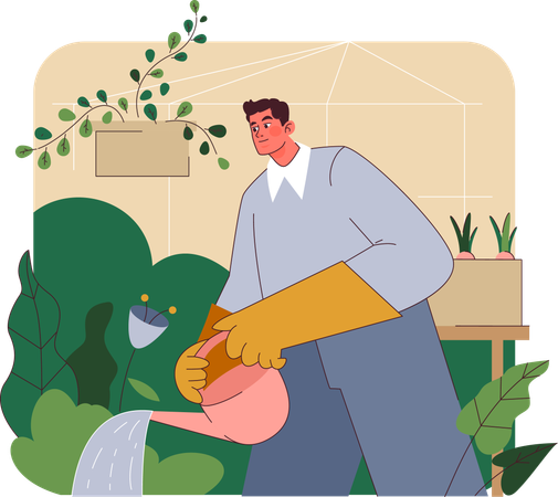 Young man watering plants in garden  Illustration
