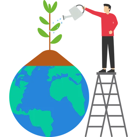 Young man watering the tree for growth  Illustration