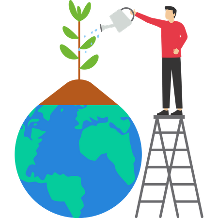 Young man watering the tree for growth  Illustration