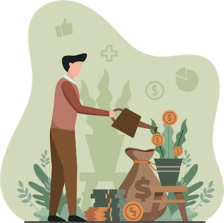 Young Man Watering To The Money Plant  Illustration
