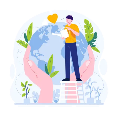 Young man watering trees to save the planet Illustration