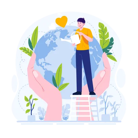 Young man watering trees to save the planet  Illustration