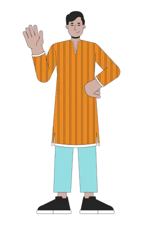 Tunic Kurta Young Adult Man Waving Hand 2 D Linear Cartoon Character South Asian Guy Isolated Line Vector Person White Background Hindu Festival Of Lights Deepawali Color Flat Spot Illustration Illustration