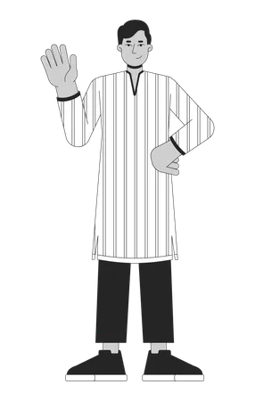 Tunic Kurta Young Adult Man Waving Hand Black And White 2 D Line Cartoon Character South Asian Guy Isolated Vector Outline Person Hindu Festival Deepawali Monochromatic Flat Spot Illustration Illustration