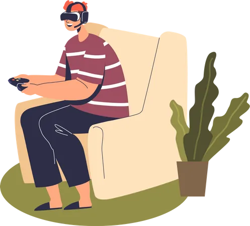 Boy In Vr Glasses Gaming Young Man Wearing Virtual Reality Headset Play Video Games Using Augmented Reality Interface And Controller At Home Cartoon Flat Vector Illustration Illustration
