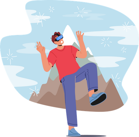 Young Man Wear VR Goggles Climbing Mountain Illustration