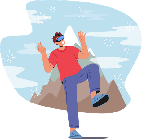 Young Man Wear VR Goggles Climbing Mountain  Illustration