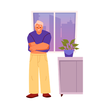 Young man wearing a t-shirt in the room happy person dressing or changing apparel at home putting on clothes  Illustration