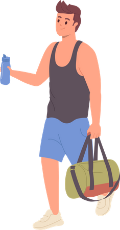 Young man wearing sportswear carrying bag and water bottle Illustration