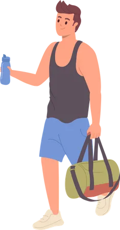 Young man wearing sportswear carrying bag and water bottle Illustration