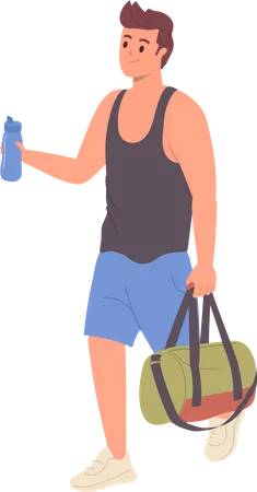 Young man wearing sportswear carrying bag and water bottle  Illustration