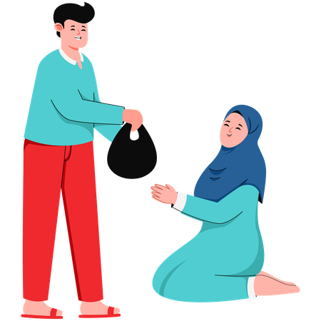 Young man Who Share Alms with Muslim girl  Illustration