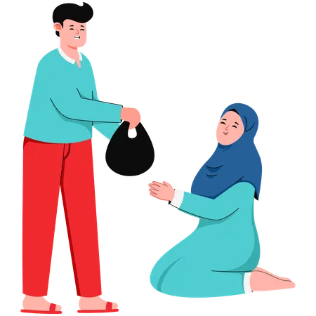 Young man Who Share Alms with Muslim girl  Illustration