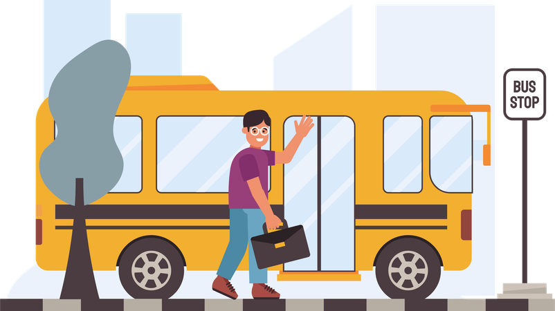Young Man Will Board Bus  Illustration