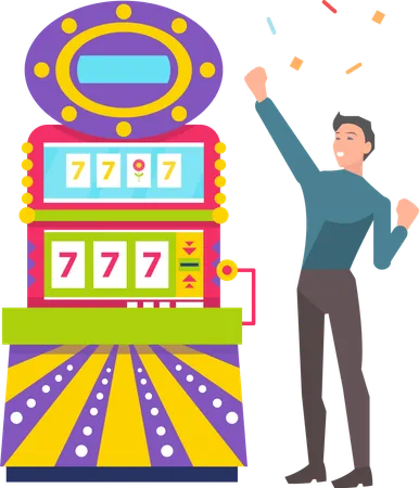 Young Man Playing Colorful Slot Machine Lucky Male Gambler Taking Risks And Winning Money Lucky Seven Jackpot Vector Game Of Chance Casino Vector Illustration