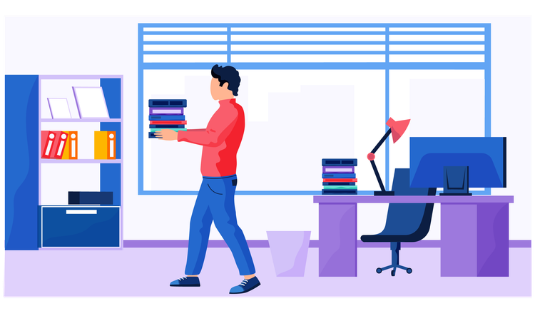 Young man with a stack of books is walking in a room  Illustration