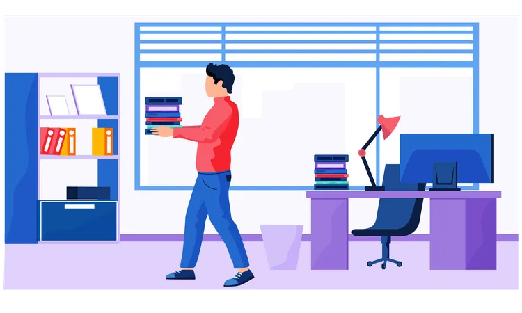 Young man with a stack of books is walking in a room  Illustration