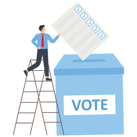 Young Man With A Voting Card Puts His Vote Into The Ballot Box  Illustration