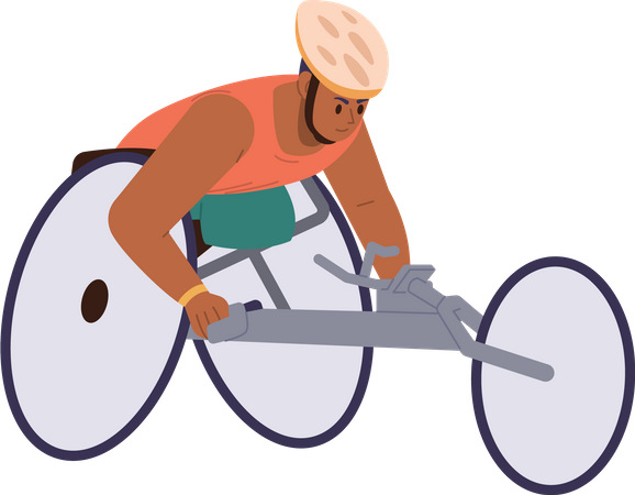 Young man with amputated legs riding in wheelchair taking part in speed racing competition  Illustration