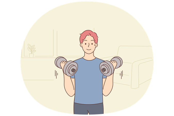 Young man with barbells training at home  Illustration