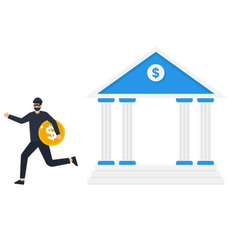 Young man with black mask bandit costume or thief stealing or carrying dollar coin from bank  Illustration