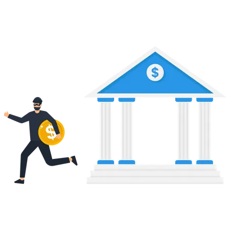 Young man with black mask bandit costume or thief stealing or carrying dollar coin from bank  Illustration