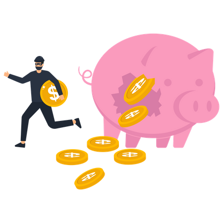 Young man with black mask bandit costume or thief stealing or carrying dollar coin from piggy bank  Illustration