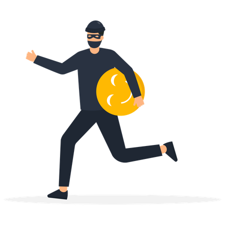 Young man with black mask bandit costume or thief stealing or carrying happy emoji away  Illustration