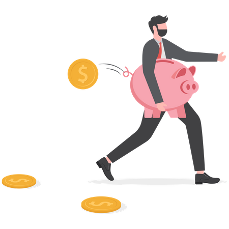 Young man with black mask stealing wealthy piggy bank  Illustration