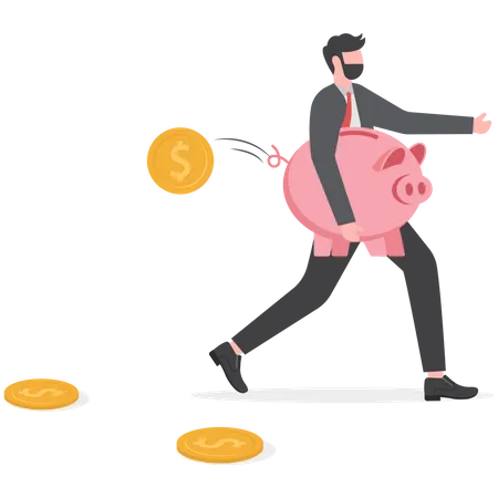Young man with black mask stealing wealthy piggy bank  Illustration