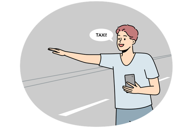 Young man with cellphone in hands catch taxi with hand gesture on road.  Illustration