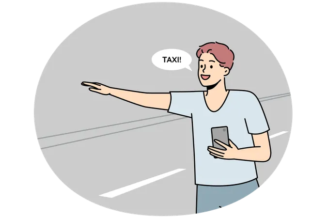 Young man with cellphone in hands catch taxi with hand gesture on road.  Illustration