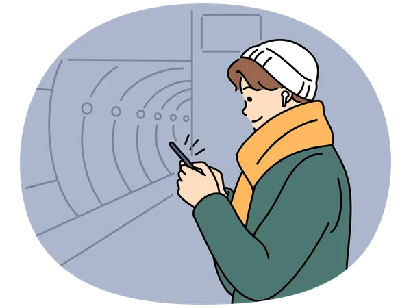 Young man with cellphone waiting for metro  Illustration