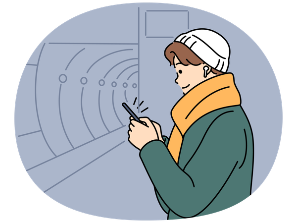 Young man with cellphone waiting for metro  Illustration