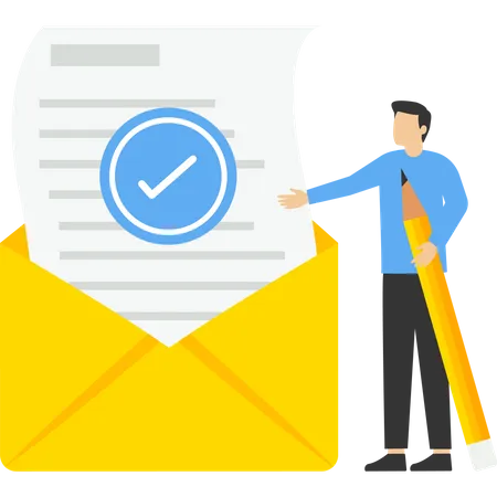 Male Character With Checkmarked Document In Envelope Concept Of Confirmation Letter Of Acceptance Or Approval Verification Modern Flat Vector Illustration For Web Page Illustration