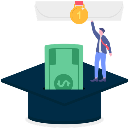 Young man with coins into mortarboard savings box holding degree scroll  Illustration