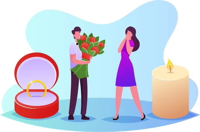 Young Man with Flower Bouquet and Ring Making Proposal to Woman Asking her Marry him Illustration