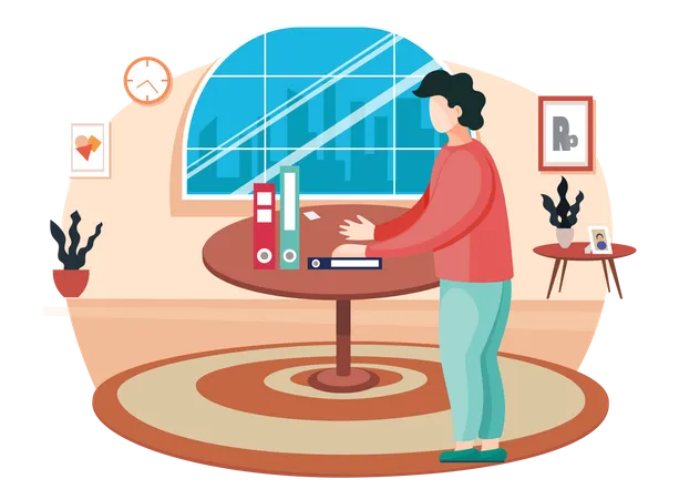 Young Man In Casual Clothes Is Standing In Room With Big Round Table With Folders For Documents Flat Vector Illustration Character Indoors Alone At Home Reading And Working In Livingroom Or Office Illustration
