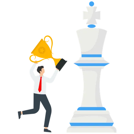 Great Success Or Achievement Getting A Coveted Promotion In A Career Winning The Right Business Strategy A Secret Key Or Weapon To Defeat An Opponent A Man With A Goblet Near The Chess King Illustration