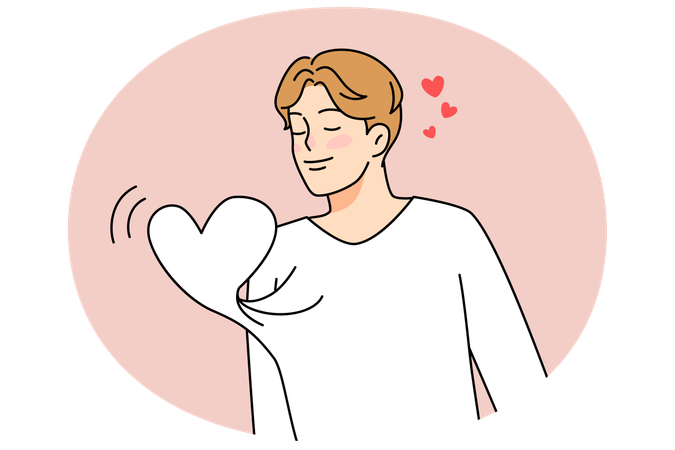 Young man with heart beating in chest  Illustration