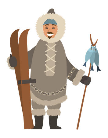 Young man with ice skiing  Illustration