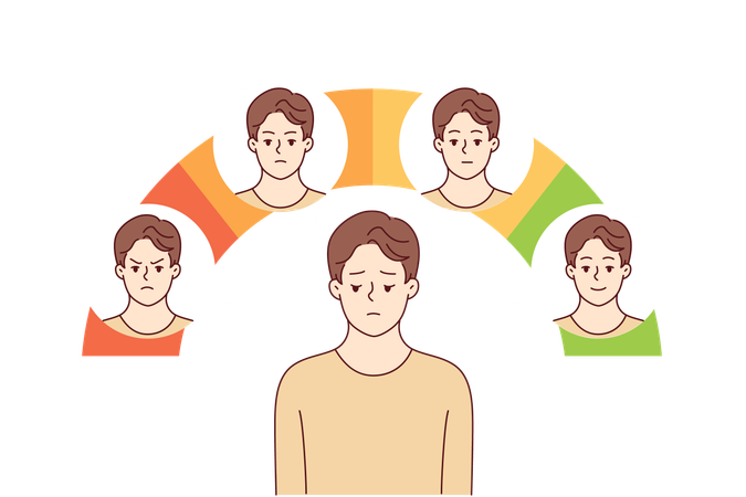 Young man with impostor syndrome feels drop in mood when standing near emotion scale  Illustration